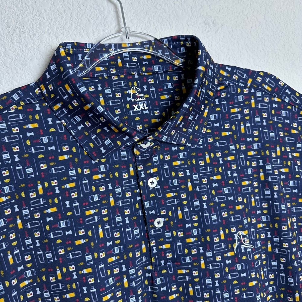 Rhoback The Old Fashioned Performance Polo Navy Cocktail Print Mens XXL Wicking